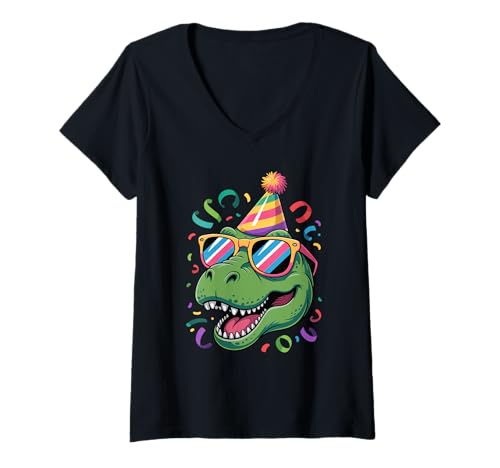Damen T-Rex Dinosaurier Geburtstags Partyhut Tyrannosaurus Rex T-Shirt mit V-Ausschnitt von Dinosaurs Dinosaur Lover Gifts