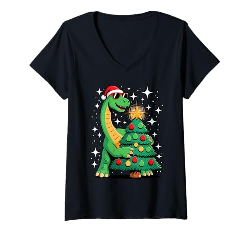 Damen Weihnachtsbaum Brachiosaurus Dinosaurier Sonnenbrille T-Shirt mit V-Ausschnitt von Dinosaurs Dinosaur Lover Gifts