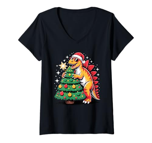 Damen Weihnachtsbaum Stegosaurus Dinosaurier Sonnenbrille T-Shirt mit V-Ausschnitt von Dinosaurs Dinosaur Lover Gifts