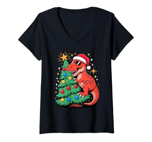 Damen Weihnachtsbaum T-Rex Dinosaurier Sonnenbrille Tyrannosaurus T-Shirt mit V-Ausschnitt Damen Weihnachtsbaum T-Rex Dinosaurier Sonnenbrille Tyrannosaurus T-Shirt mit V-Ausschnitt von Dinosaurs Dinosaur Lover Gifts