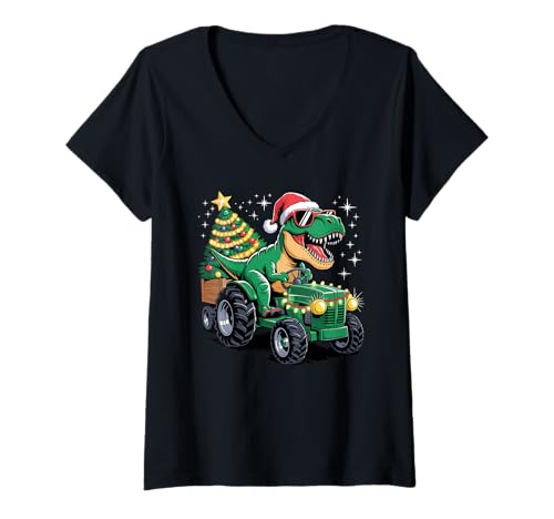 Damen Weihnachtsbaum Traktor T-Rex Dinosaurier Tyrannosaurus Rex T-Shirt mit V-Ausschnitt von Dinosaurs Dinosaur Lover Gifts