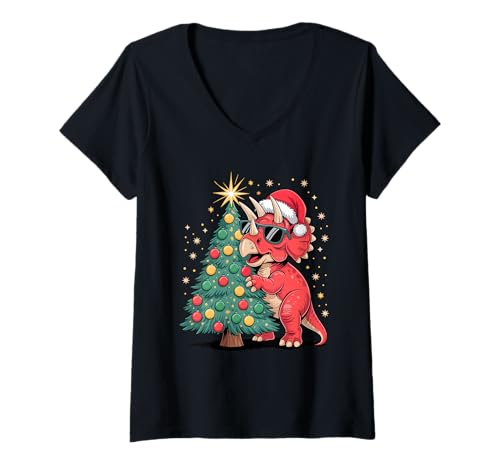 Damen Weihnachtsbaum Triceratops Dinosaurier Sonnenbrille T-Shirt mit V-Ausschnitt Damen Weihnachtsbaum Triceratops Dinosaurier Sonnenbrille T-Shirt mit V-Ausschnitt von Dinosaurs Dinosaur Lover Gifts