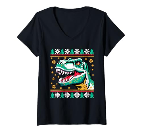 Damen Weihnachtsthema Gestrickt T-Rex Dinosaurier Tyrannosaurus T-Shirt mit V-Ausschnitt von Dinosaurs Dinosaur Lover Gifts