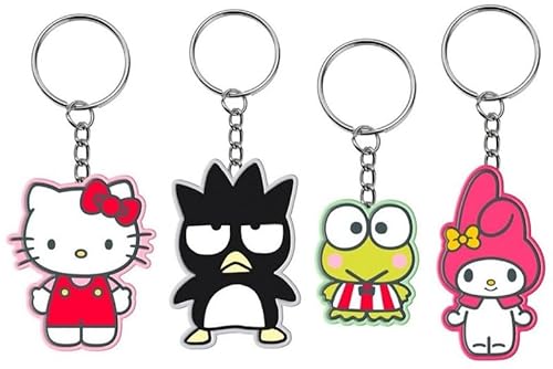 Dinotoys Sanrio Schlüßelanhänger Kompatibel für Hello Kitty oder Kuromi 2D Keychain aus PVC mit Schlüsselring, 4er Pack, Geschenk für Kinder und Erwachsene (Version 1 (4 stück)) von Dinotoys