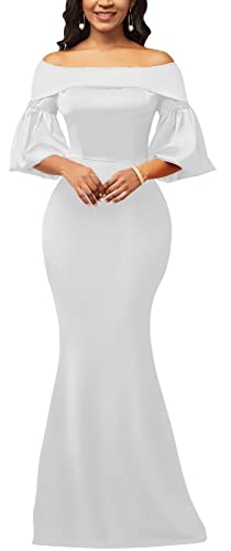 Elegantes Abschlussballkleid, Meerjungfrauenkleider für Damen, formell, schulterfrei, Laternenärmel, Abendkleid, rückenfrei, langes Partykleid, 5524 Weiß, Groß von DinyIn