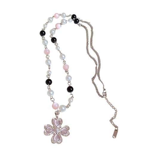 Diogeynu Einzigartige vierblättrige Kleeblatt-Halskette mit Perlen-Akzent, mehrlagige Perlenkette, trendiger Legierung, Schmuck, Geschenke für sie, elegante Perlen- und Perlen-Halskette von Diogeynu