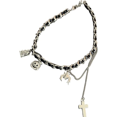 Diogeynu Kurze Choker-Halskette mit übertriebenem Spinnenanhänger, für Damen, Halloween, Gothic, Leder, Seil, Schlüsselbeinkette, Kreuzhalsband, verstellbares Schlüsselbein von Diogeynu