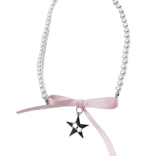 Diogeynu Süßes und stilvolles Schleifenhalsband, Halskette mit Kunstperlen, Choker, modischer Halsschmuck für modisches Outfit, Halskette für Damen von Diogeynu