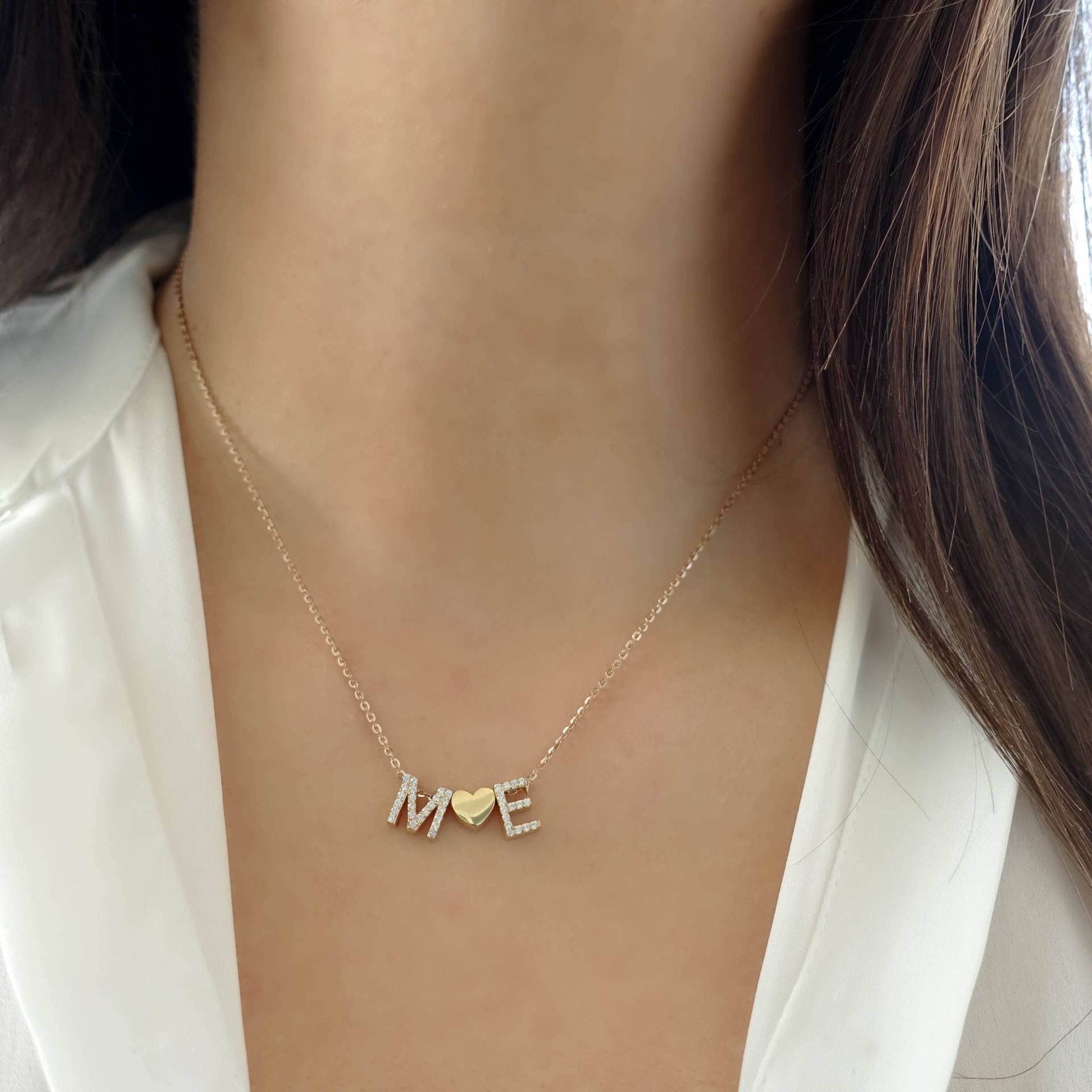 14K Gold Initial Halskette | Personalisierter 3D Buchstabe Herz Charm Anhänger Schmuck von DionJewel