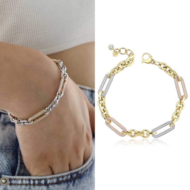 14K Gold Paperclip & Round Link, Anpassbare Armband | Benutzerdefinierte Farben, Multi Color Stacking Armband, Zirkon Edelstein Gepflastert Geschenk von DionJewel