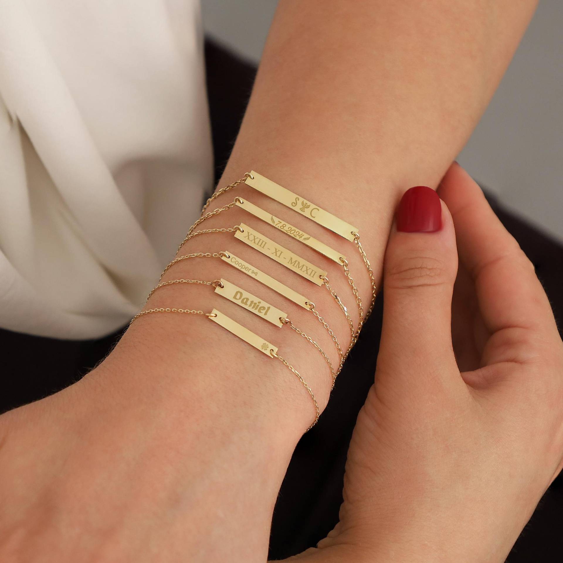 14K Gold Personalisierte Bar Armband | Gravierte Name Datum Symbol Schmuck von DionJewel