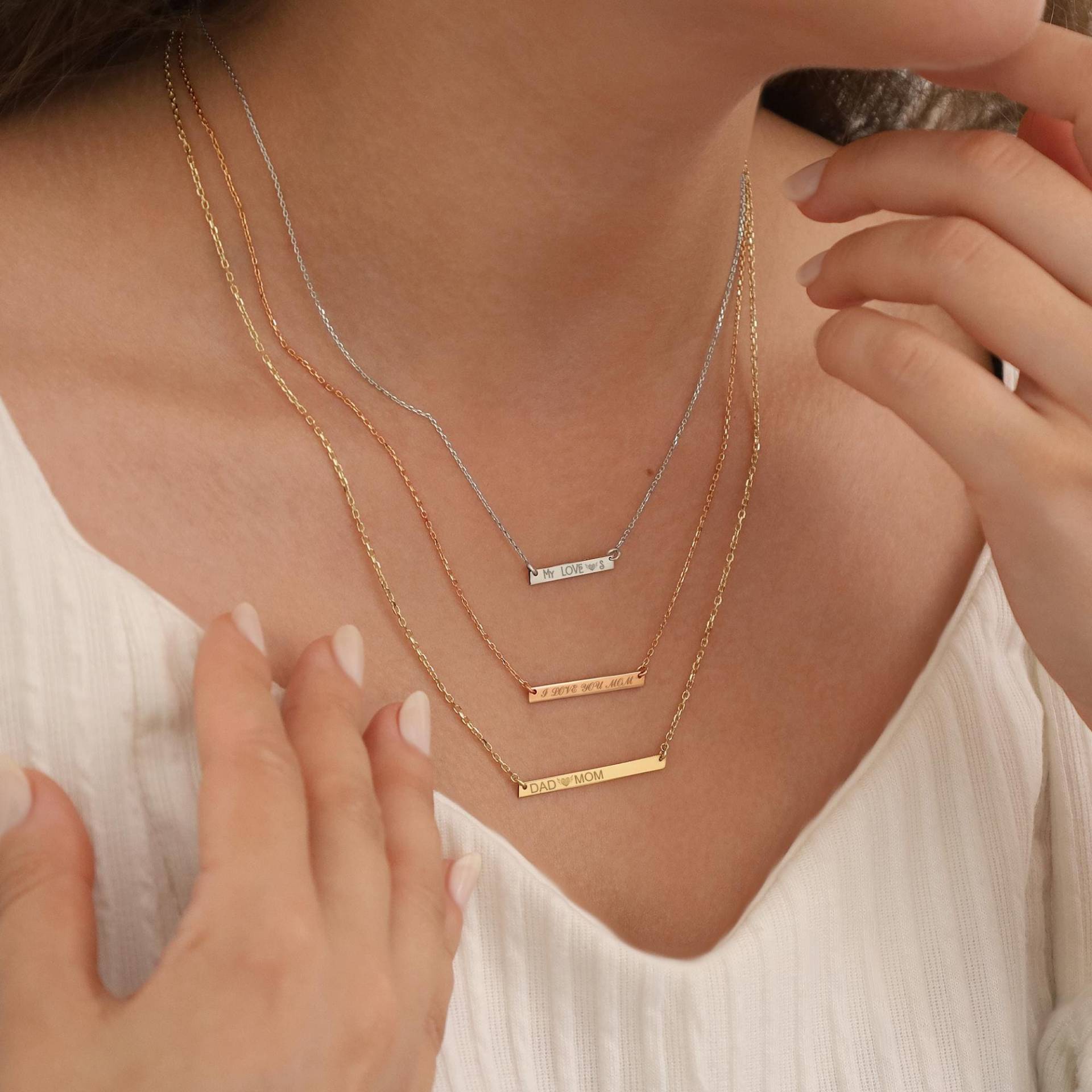 14K Gold Personalisierte Bar Halskette | Gravierte Name Datum Symbol Platte Schmuck von DionJewel
