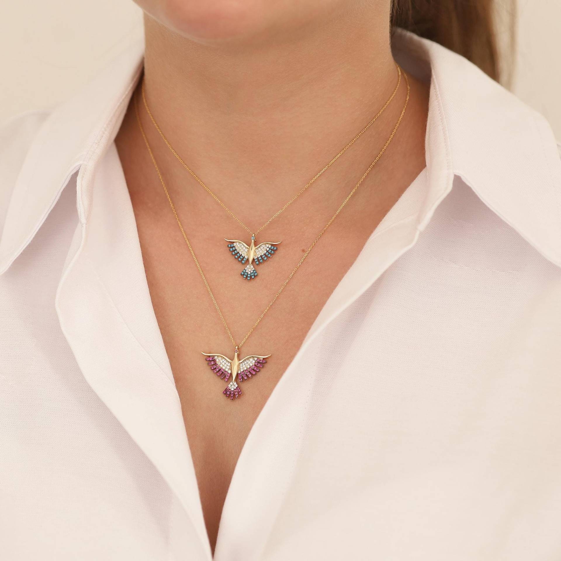 14K Gold Phoenix Halskette | Blauer Türkis Feuervogel Simurgh Rubin Anhänger von DionJewel