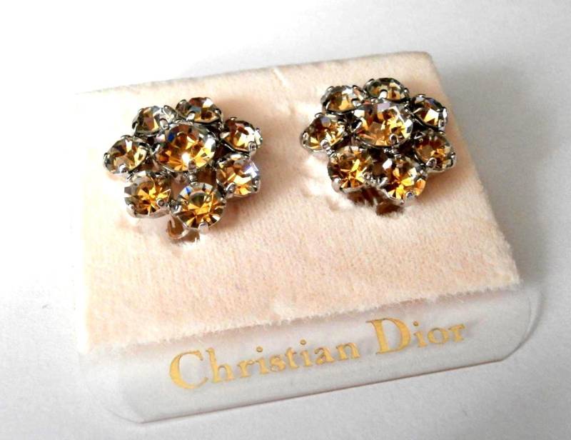 Christian Dior Gelber Kristall Ohrringe; Ohrclips, Rhodiniert Made in Germany von Dior4U