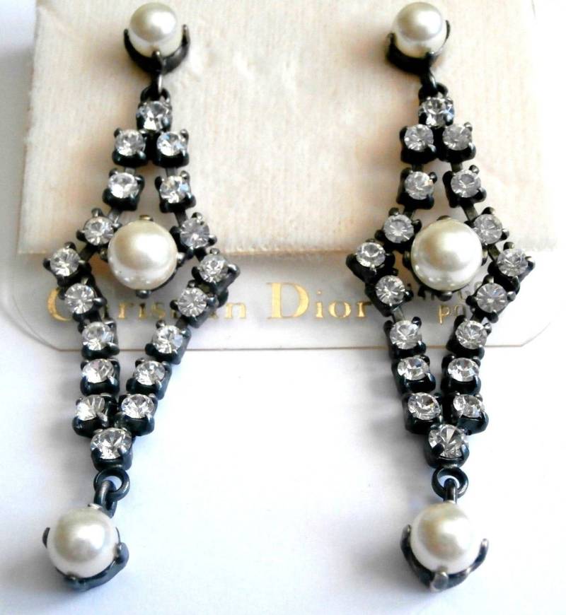 Christian Dior Kristall - Und Perlenohrringe; Schwarzes Finish, 14 Kt Ohrstecker Made in Germany von Dior4U