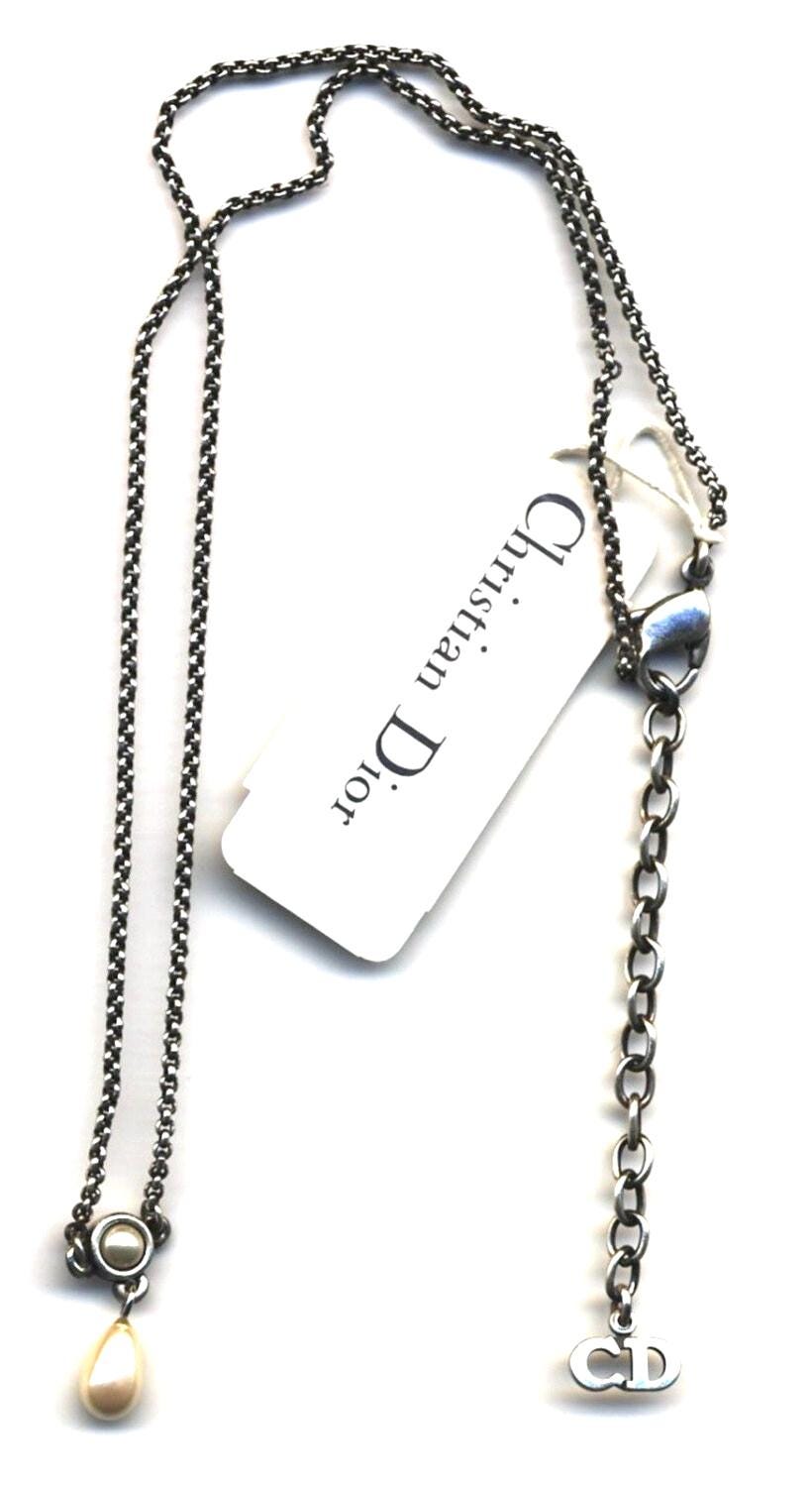 Christian Dior Signierte Halskette Gunmetal Kette Mit Perlenanhänger Made in Usa von Dior4U