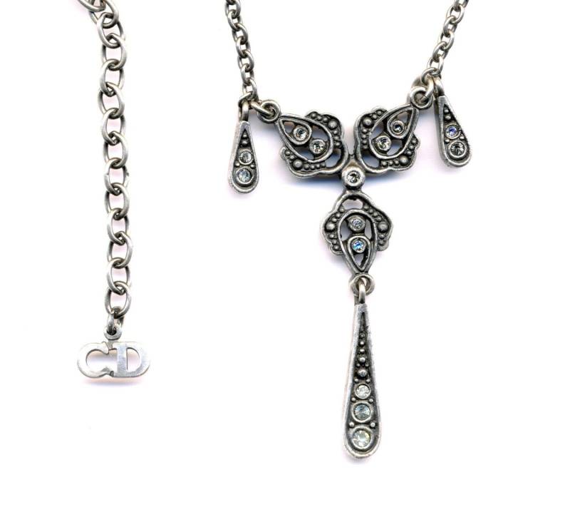 Christian Dior Signierte Halskette Gunmetal Mit Kristallen Set-Anhänger von Dior4U