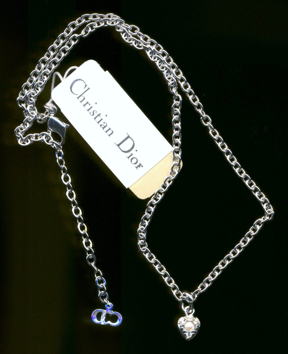 Christian Dior Signierte Halskette Rhodium Mit Kristall & Perle Herz Anhänger Logo Made in Usa von Dior4U