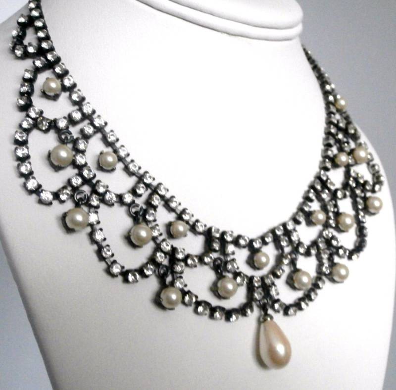 Christian Dior Signierte Kristall & Perlen Set Gunmetal Halskette Made in Germany von Dior4U