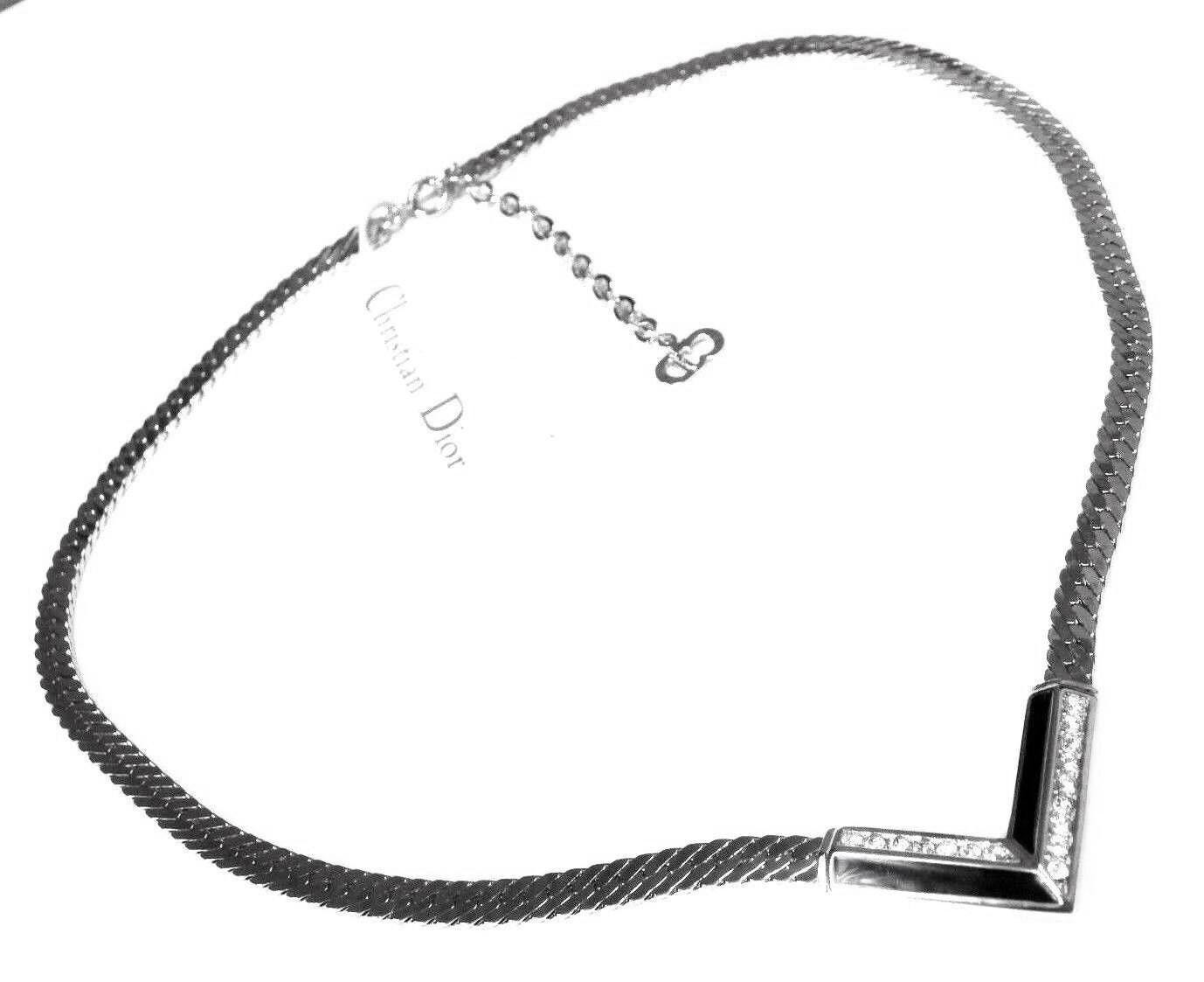 Christian Dior Unterzeichnete Rhodinierte Halskette Mit Schwarzer Emaille & Kristalle Made in Usa von Dior4U