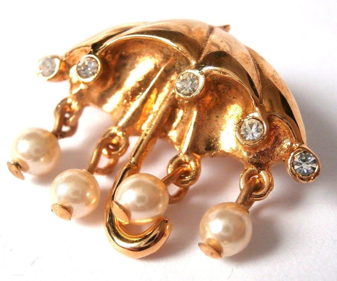 Gontie Paris Pin Brosche 1481 Vergoldeter Regenschirm Mit Perlen Und Kristallen von Dior4U