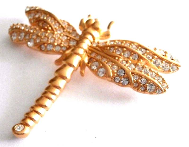 Signierte Swarovski Libelle Anstecknadel Brosche Matt Vergoldet Mit Klaren Kristallen von Dior4U