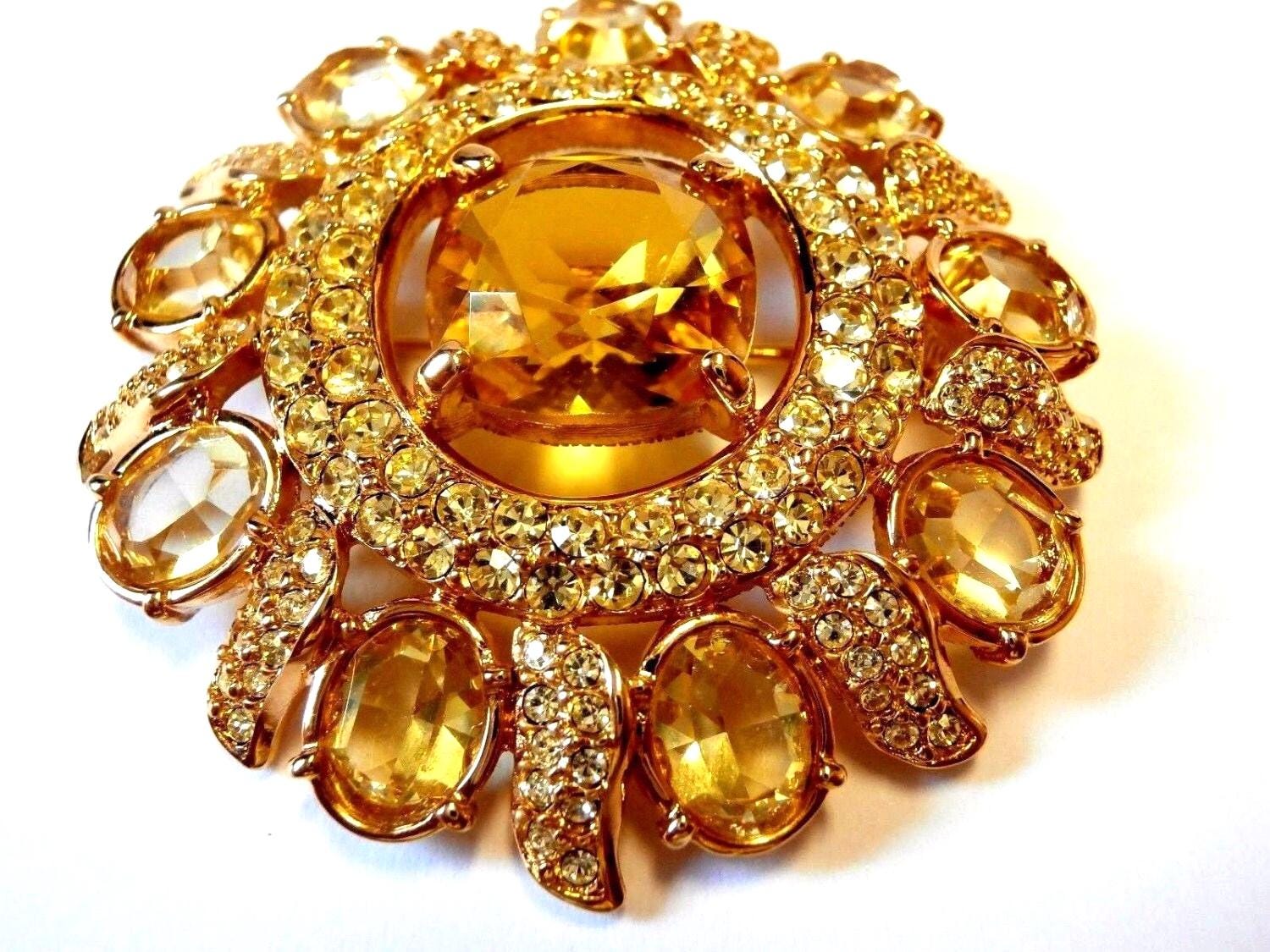 Swarovski Pin Brosche Vergoldet Lünette Set Topaz & Citrine Kristalle von Dior4U