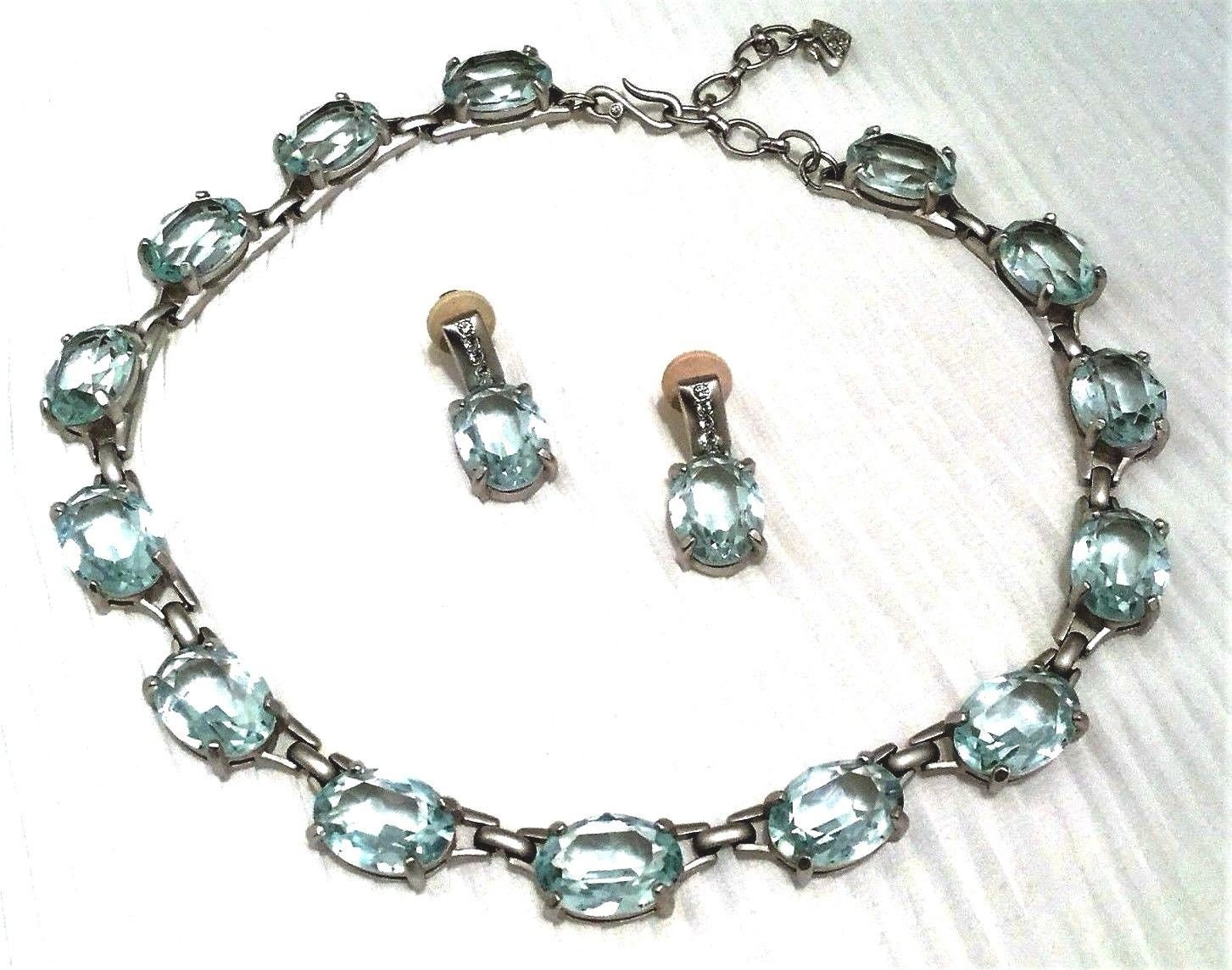 Swarovski Signed Aqua Kristall Halskette & Ohrclips in Satin Silber Finish von Dior4U