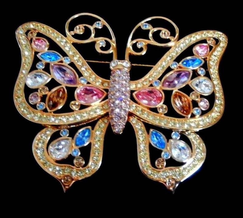 Swarovski Signiert Große Vergoldete Schmetterling Pin Brosche Mit Bezel Set Crystals von Dior4U