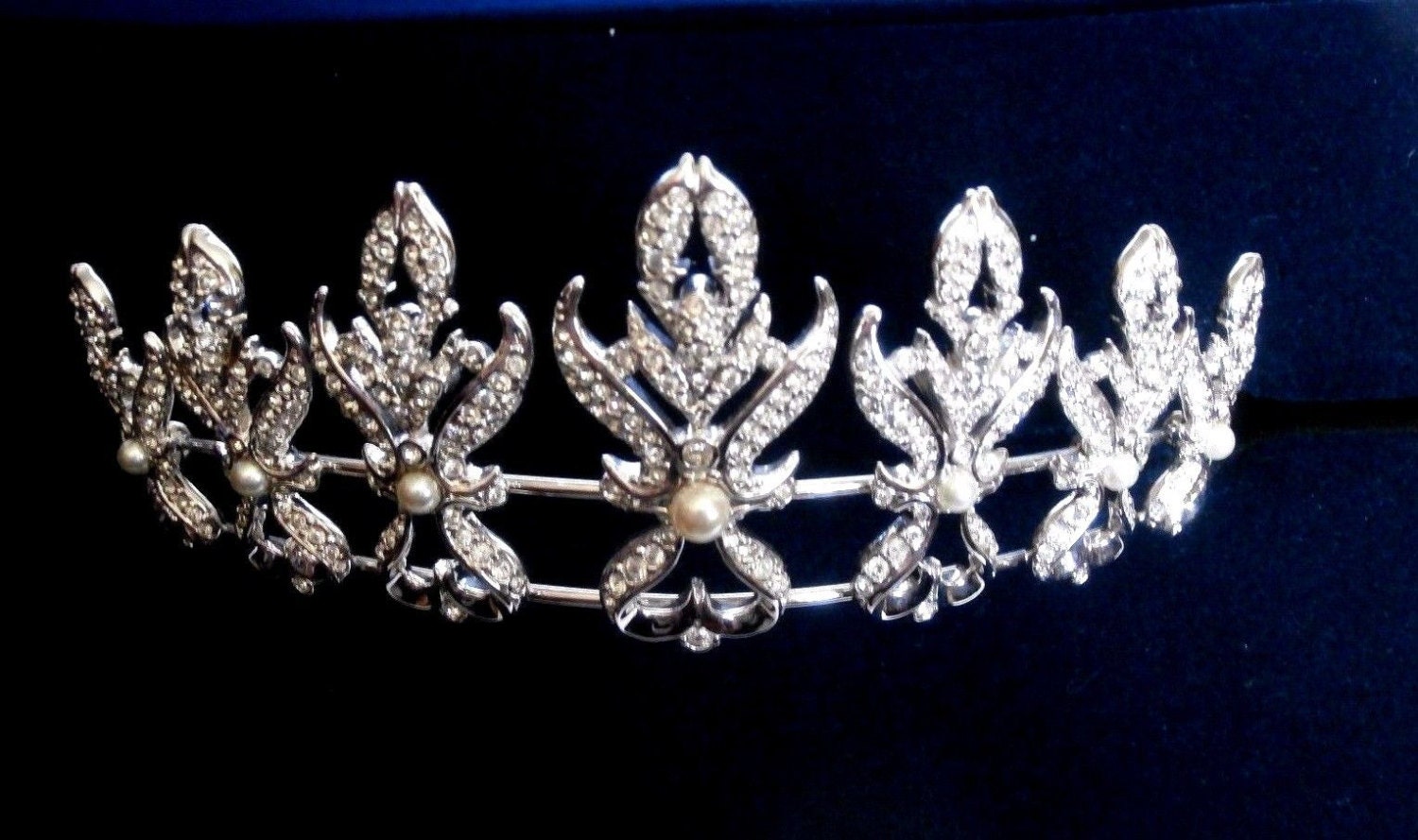 Swarovski Signiert Hochzeit Tiara Rhodium Set Mit Klaren Kristallen & Perlen Swan Logo von Dior4U