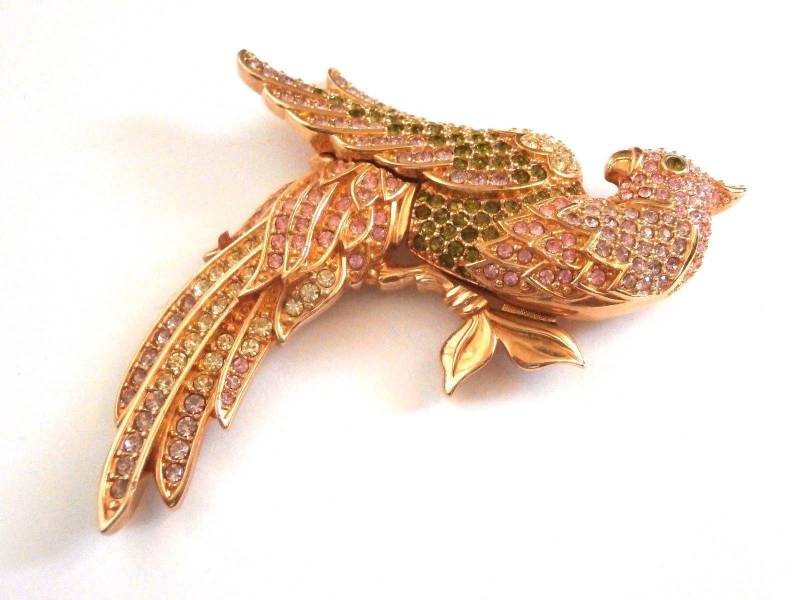 Swarovski Signiert Papagei Pin Brosche Vergoldet Mit Pink/Olive Jonquil Kristallen von Dior4U