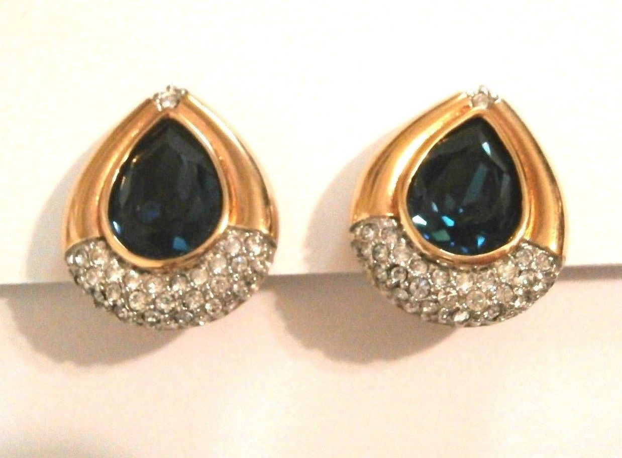 Swarovski Signiert Vergoldete Ohrclips W/Klar & Montana Blaue Kristalle von Dior4U