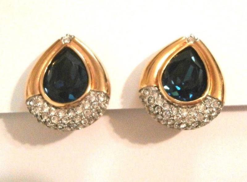 Swarovski Signiert Vergoldete Ohrclips W/Klar & Montana Blaue Kristalle von Dior4U