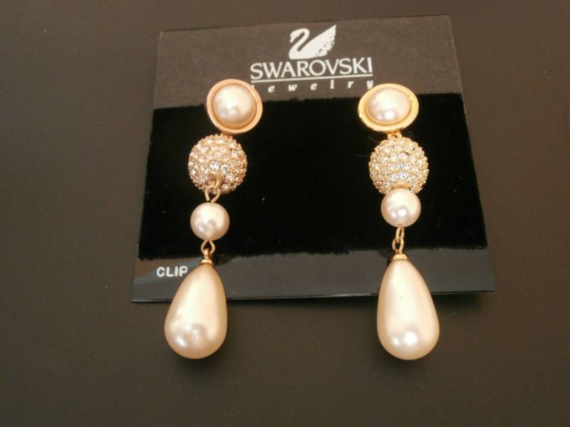 Swarovski Signiert Vergoldete Ohrringe Mit Perlen Und Kristallen & 14Kt Gold Post von Dior4U