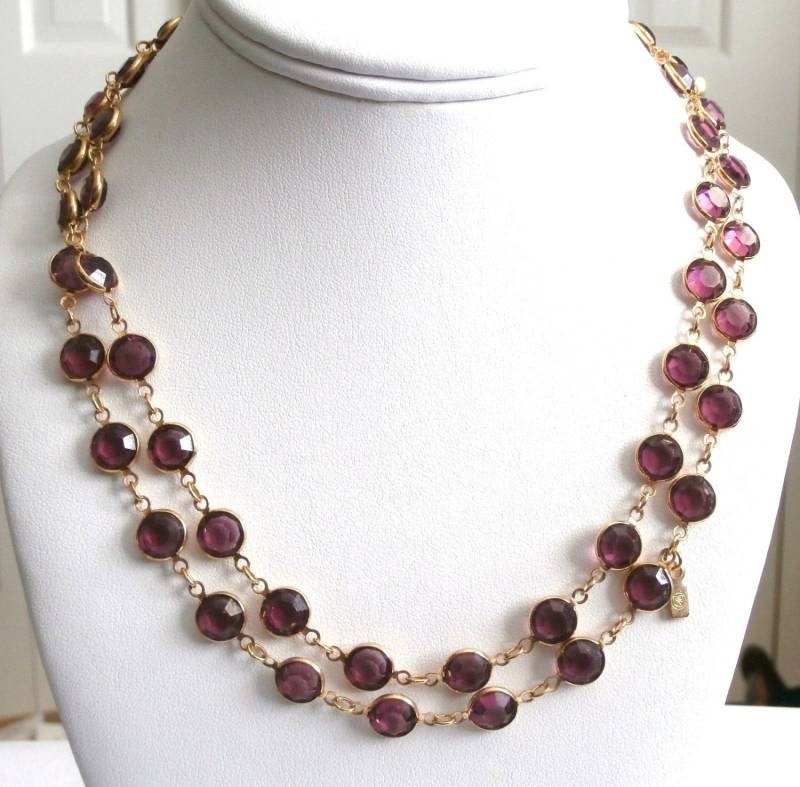 Swarovski Signierte Halskette 36 "Vergoldete Lünette Set Amethyst Kristalle Swan Logo von Dior4U