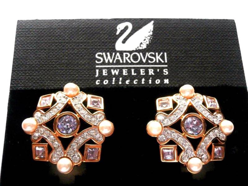 Swarovski Signierte Ohrclips Set Mit Helllila Und Klaren Kristallen & Perlen von Dior4U