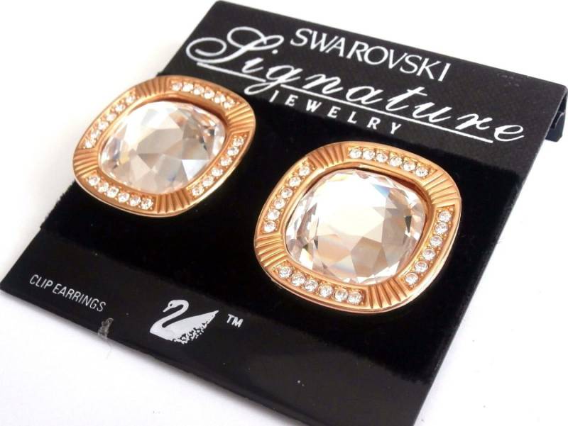 Swarovski Signierte Vergoldete Ohrclips Mit Klaren Vollschliff-Kristallen von Dior4U