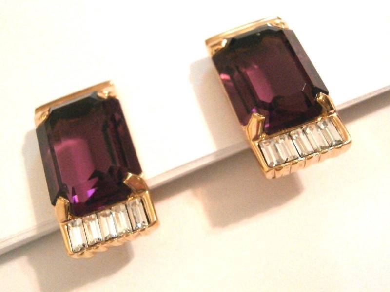 Swarovski Signierte Vergoldete Ohrclips W/Amethyst Purple & Klaren Kristallen von Dior4U
