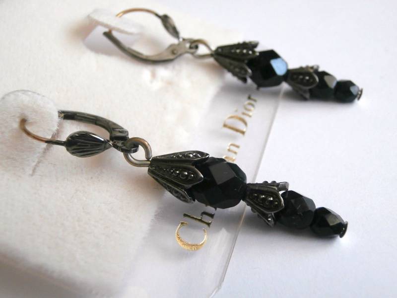 Vintage Christian Dior Schwarz Kristall Perlen Ohrringe; Geschwärzter 14 Kt. Beiträge Hergestellt in Den Usa von Dior4U