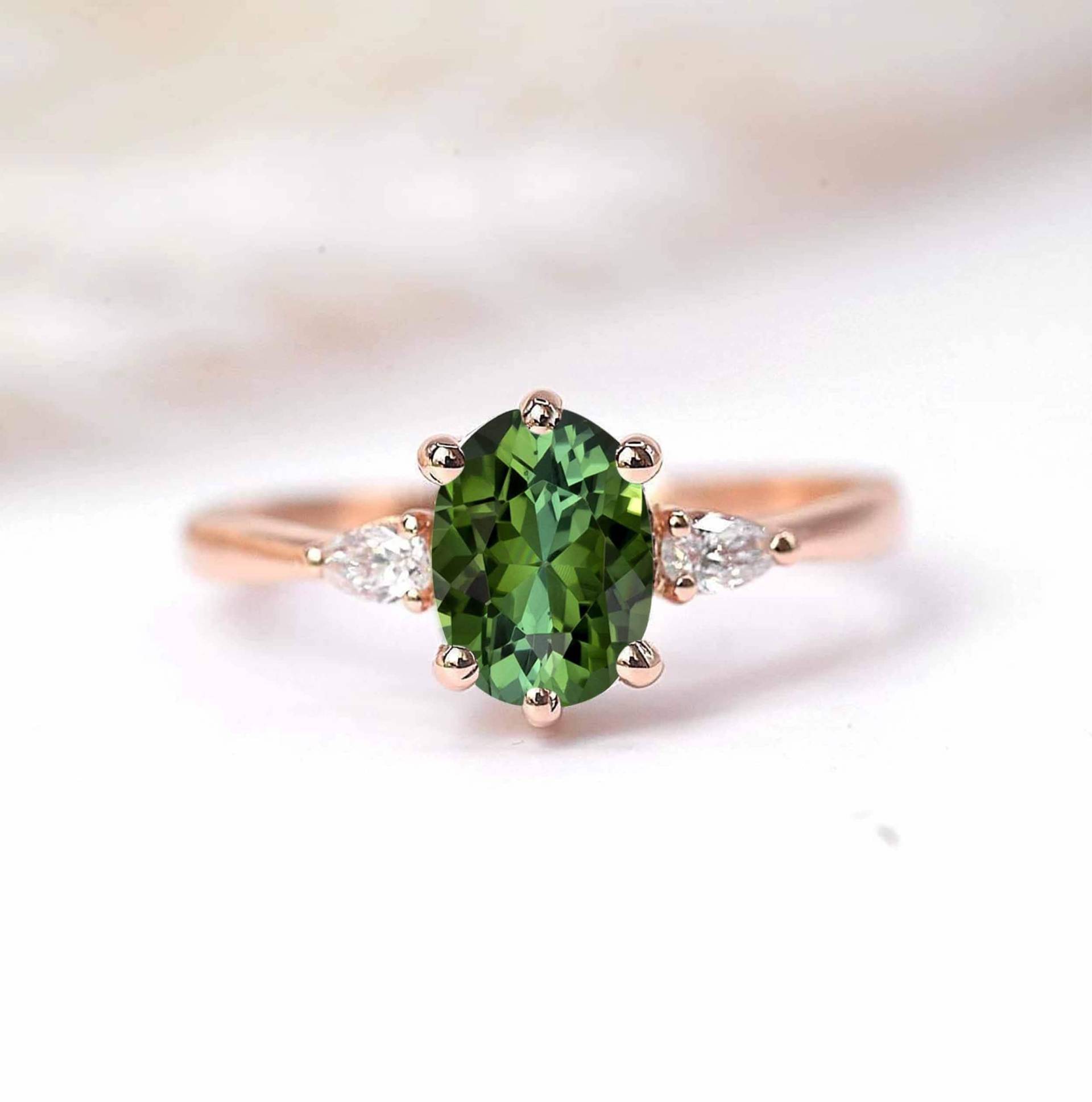 1.53Ct Ovaler Mintgrüner Turmalin Und Birnendiamant Art Deco Ring | Diamant Vintage Verlobungsring Handgefertigter von DiorahJewellery