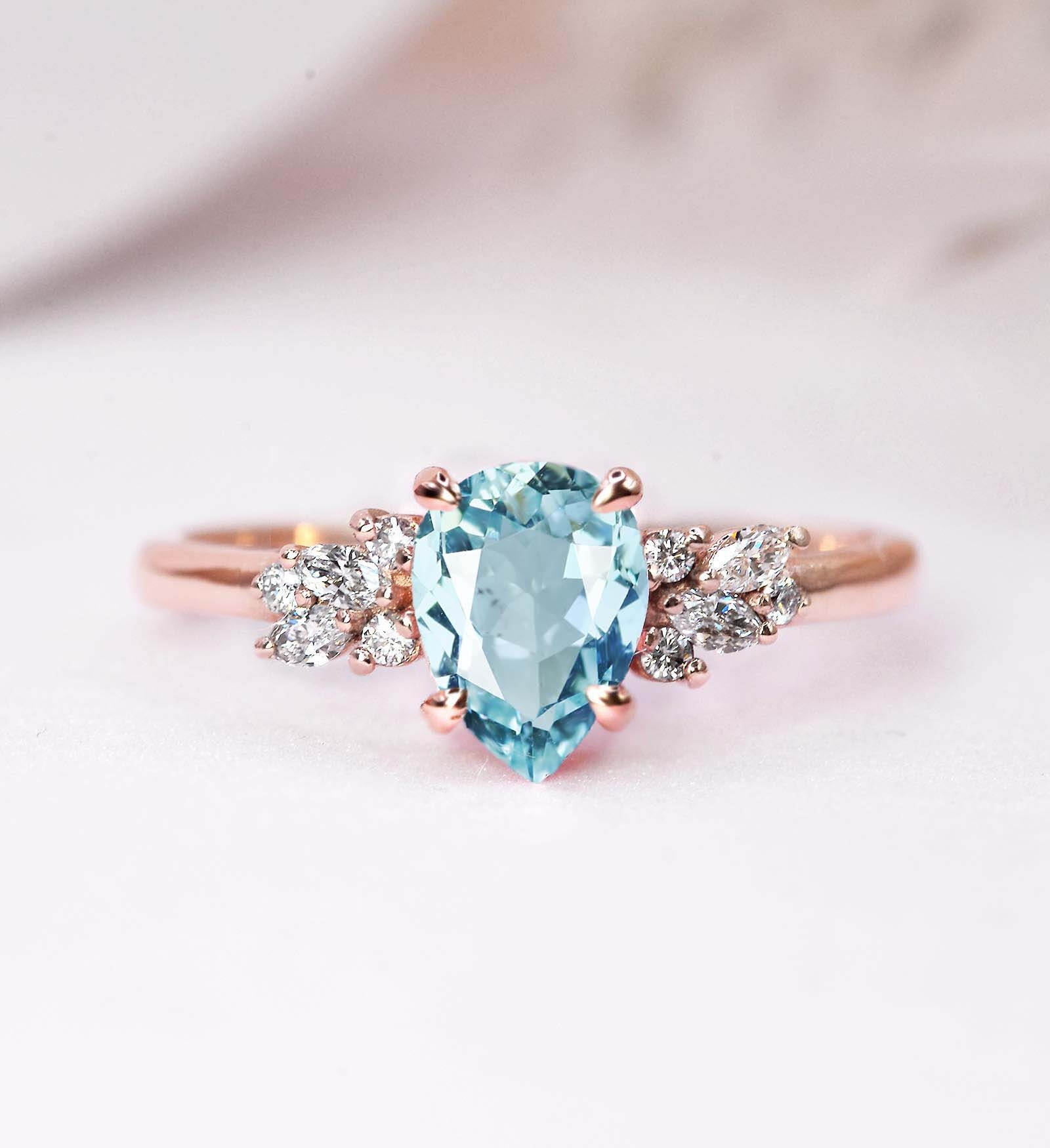 1.5Ct Birne Aquamarin Und Diamant Verlobungsring | Art Deco Jahrestag Ring Massiver Gelb-, Rosé-, Weißgold - Oder Platin-Clusterring von DiorahJewellery