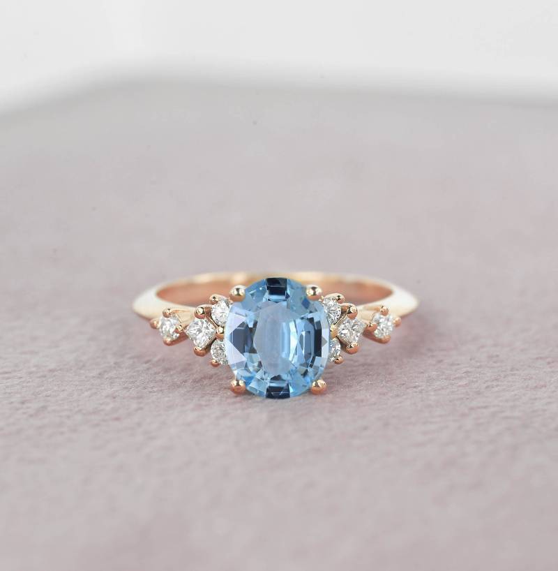 1.65Ct Ovaler Natürlicher Aquamarin Und Diamant Verlobungsring | Jubiläumsring Oval Aquamarin Prinzessin Roségold von DiorahJewellery