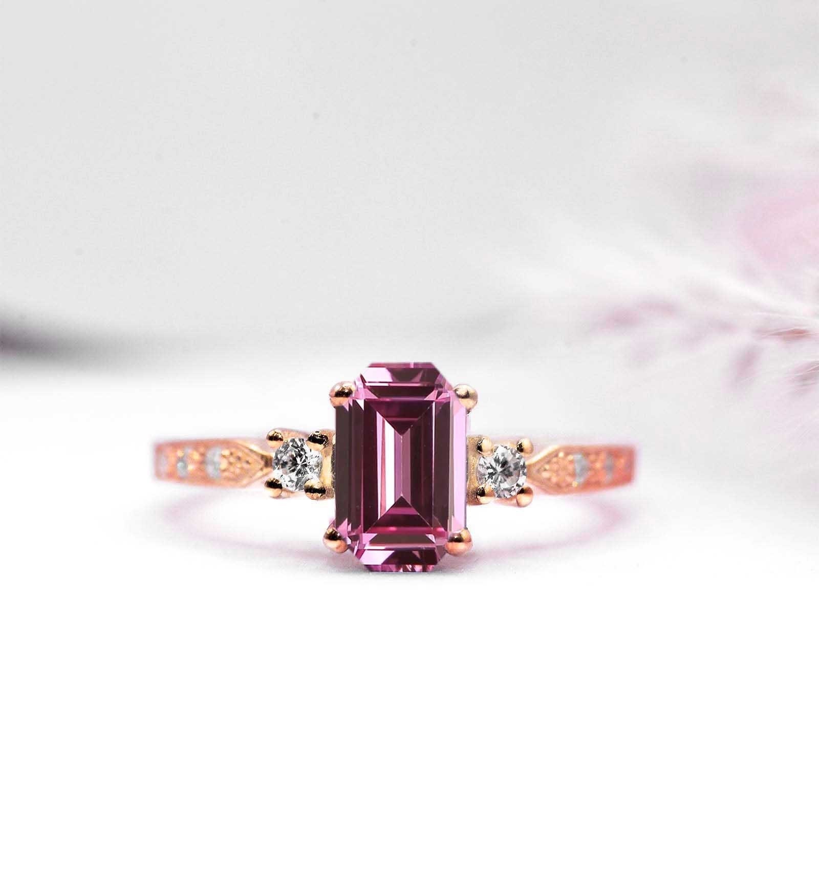 8 X 4.5mm Smaragdschliff Rosa Saphir Verlobungsring | Hochzeit Braut Vintage Ring Mit Princess Schliff Diamant Und 1, 52 Ct Pink von DiorahJewellery