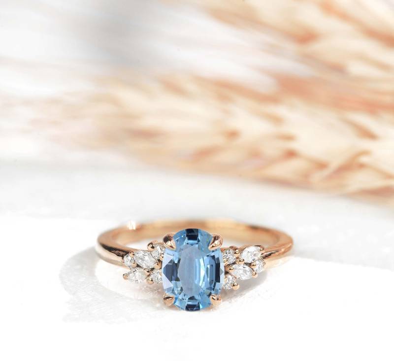 Aquamarin Und Diamant-Verlobungsring | Ovale Ring in Rose Gold Natürliche Diamant Multi-stein Art-Deco-Ring von DiorahJewellery