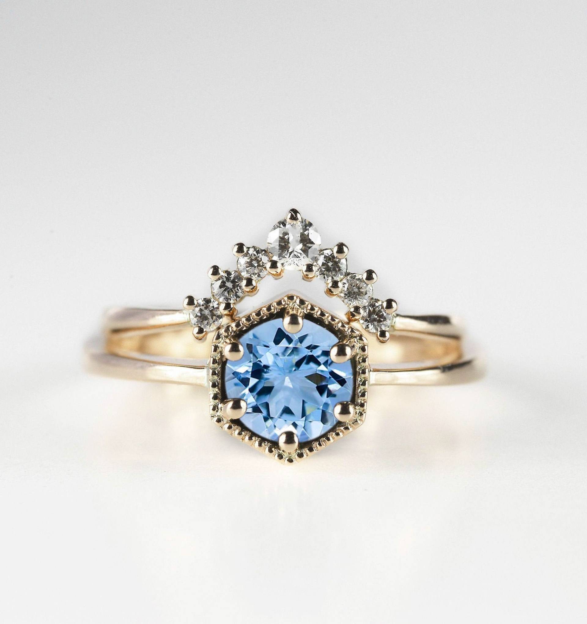 Aquamarin Verlobungsring Und Diamant-Hochzeitsband Set | Diamant-Ring-Set Diamant-Verlobungsring Rose, Gelb Weißgold Ring von DiorahJewellery