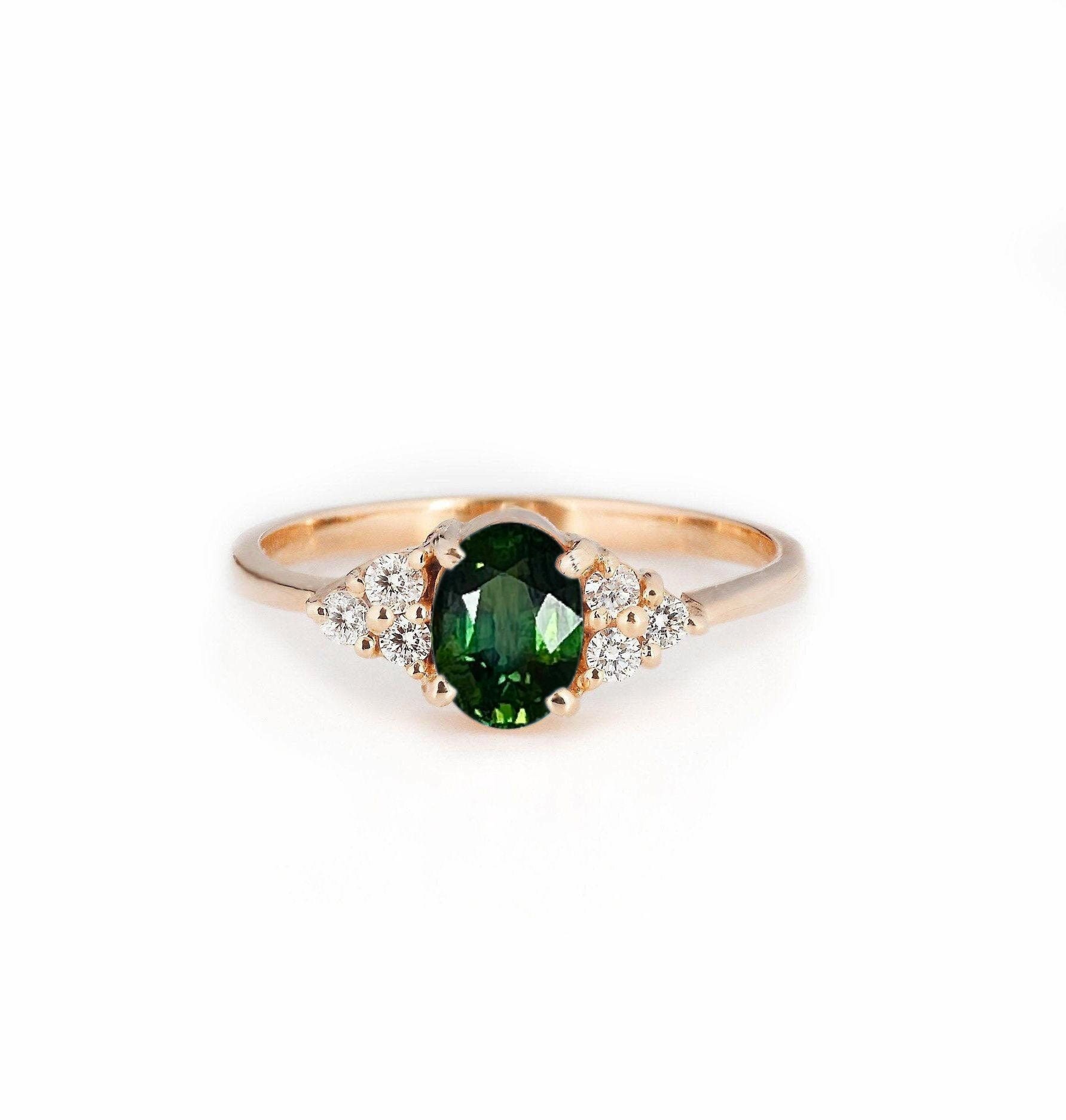 Dunkler Ovaler Saphir Verlobungsring | Natürlicher Teal Und Diamant Triplets Traditioneller Ring Im Art Deco Stil von DiorahJewellery