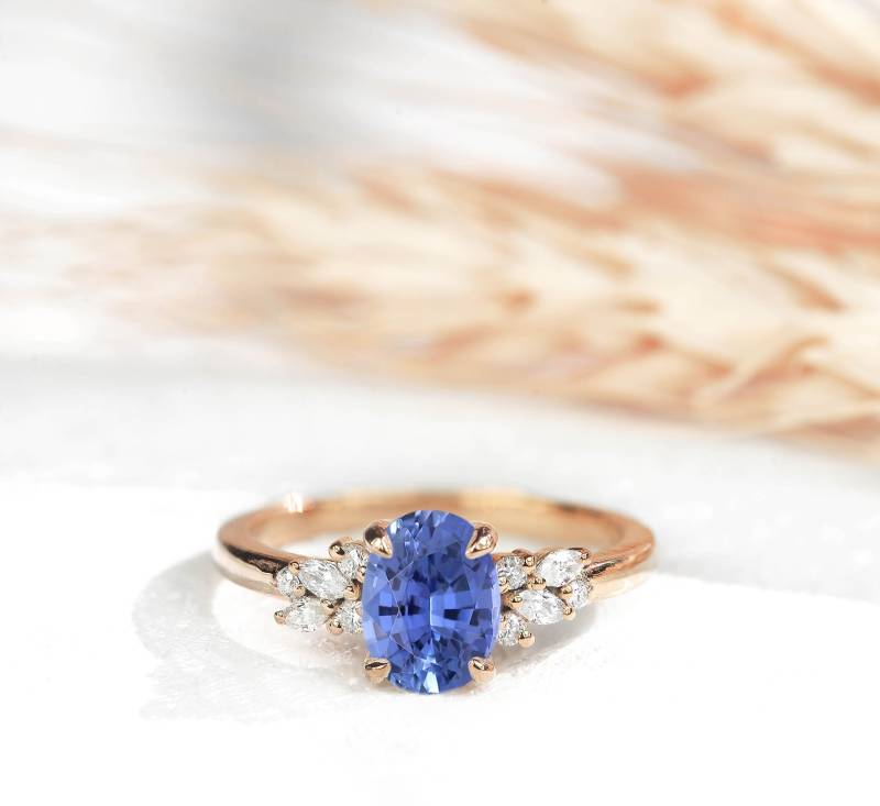 Hellblau Saphir Und Diamant Verlobungsring | Ovale Blaue Ring in Rose Gold Natürliche Art-Deco-Ring von DiorahJewellery