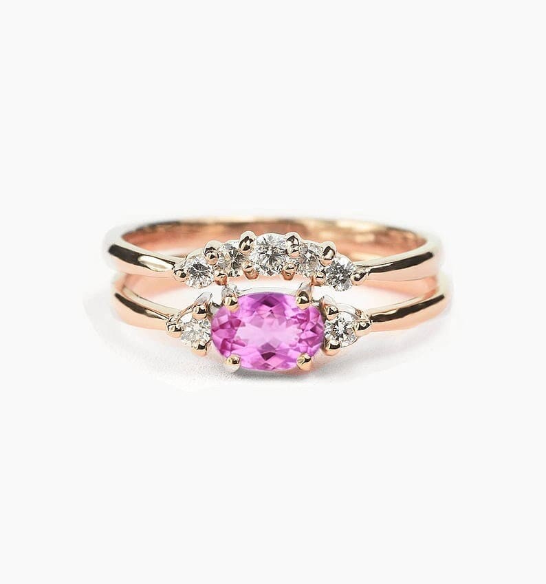 Hellrosa Saphir Verlobungsring Und Alternative Diamant Ehering | Oval Rosa Rose Gold Ring Geschwungene von DiorahJewellery