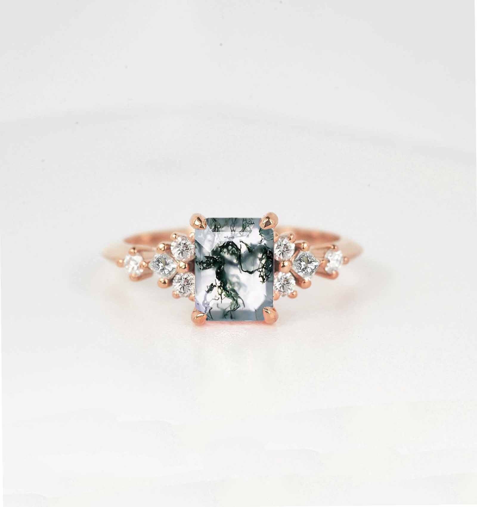 Moosachat Und Diamant Dainty Verlobungsring | Hochzeit Braut Versprechen Ring Princess Schliff Natürlicher Cluster von DiorahJewellery