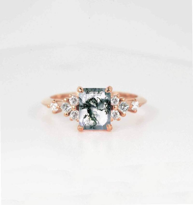 Moosachat Und Diamant Dainty Verlobungsring | Hochzeit Braut Versprechen Ring Princess Schliff Natürlicher Cluster von DiorahJewellery